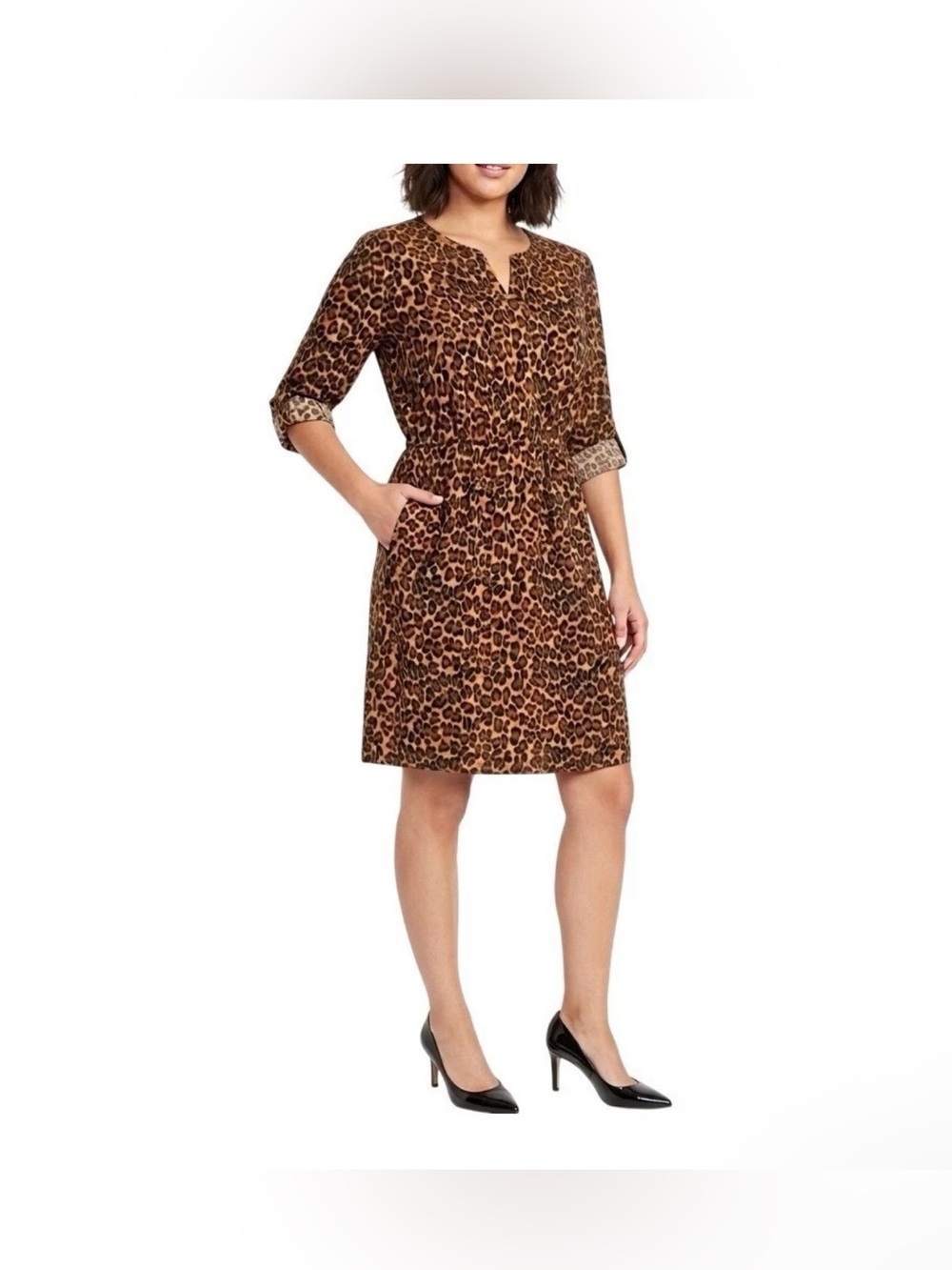 Leopard Print Shirt Dress Animal Print Cheetah 3/4 Sleeve Cinched Waist Work M